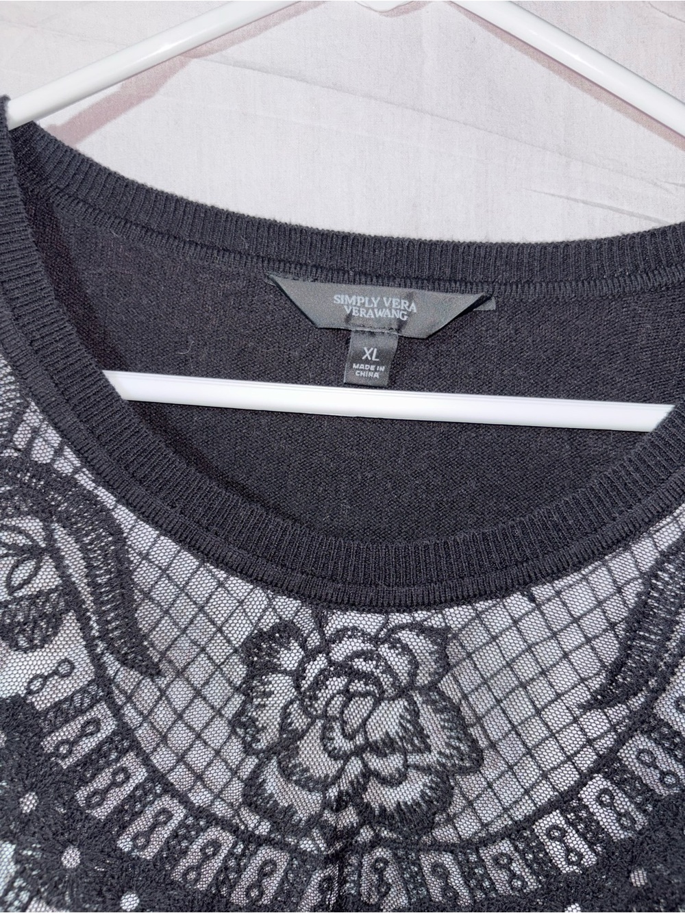 Simply Vera Vera Wang Black Lace-Overlay Crewneck Sweater with White Hem - Picture 3 of 8
